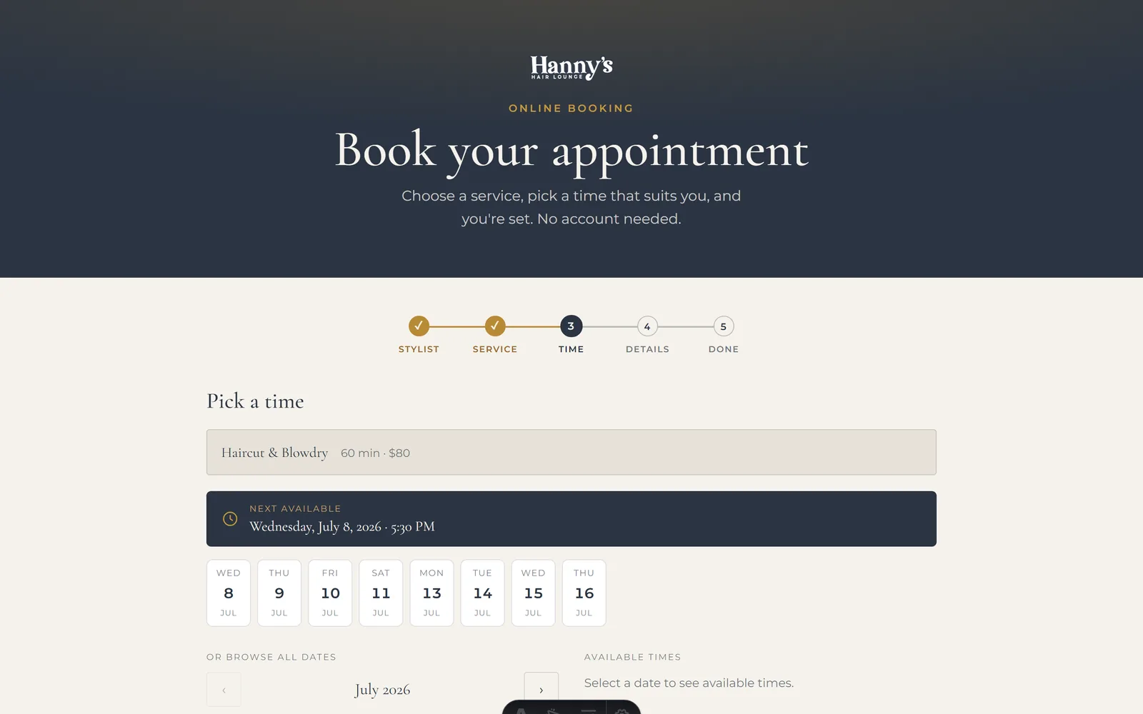 Step 3 · Time: a real screen from the booking page we built